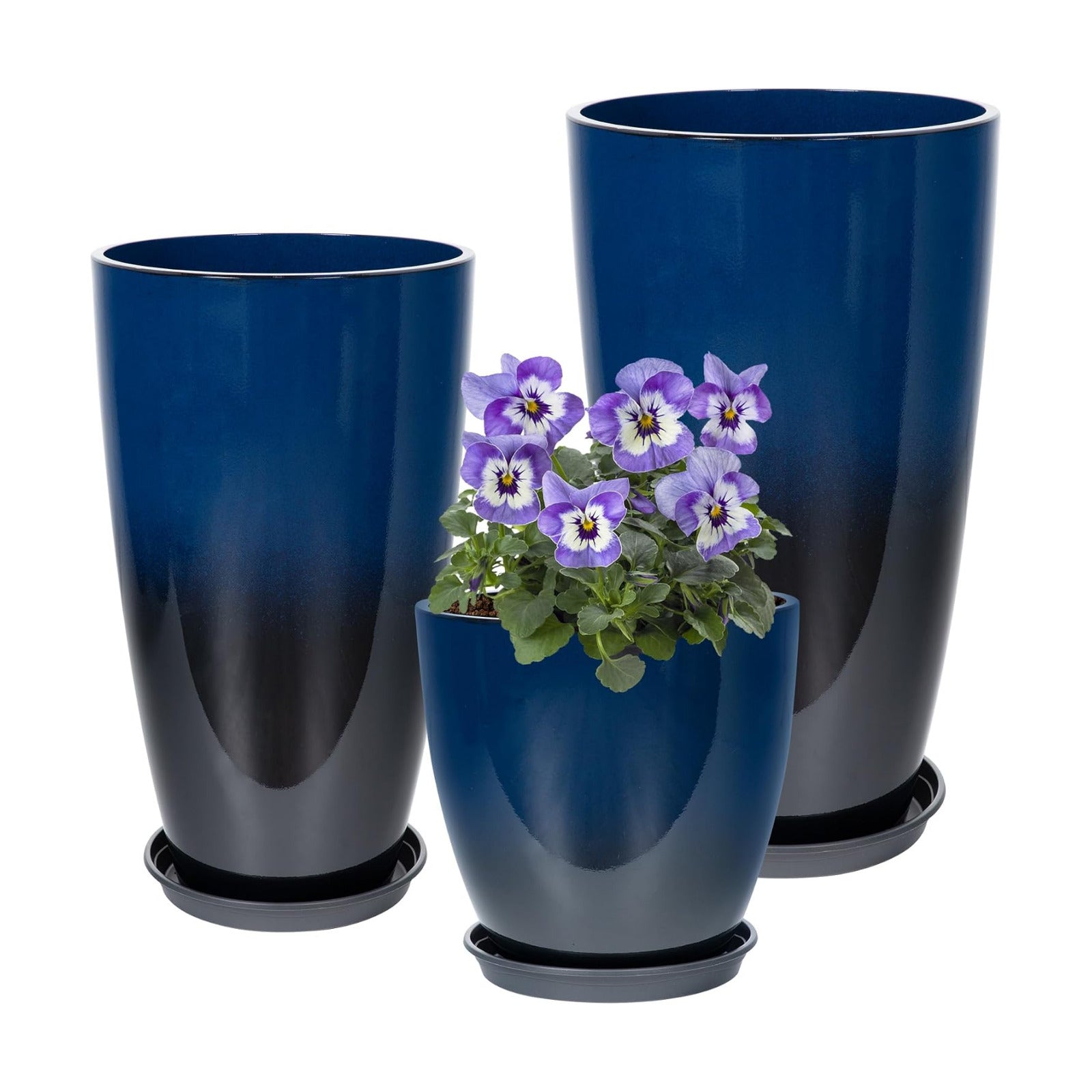 Neoaider Set of 3 Tall Planter, 24/21/12in Large Plastic Planter, Dark Blue | Ceramic-Look, Lightweight, Built-in Drain