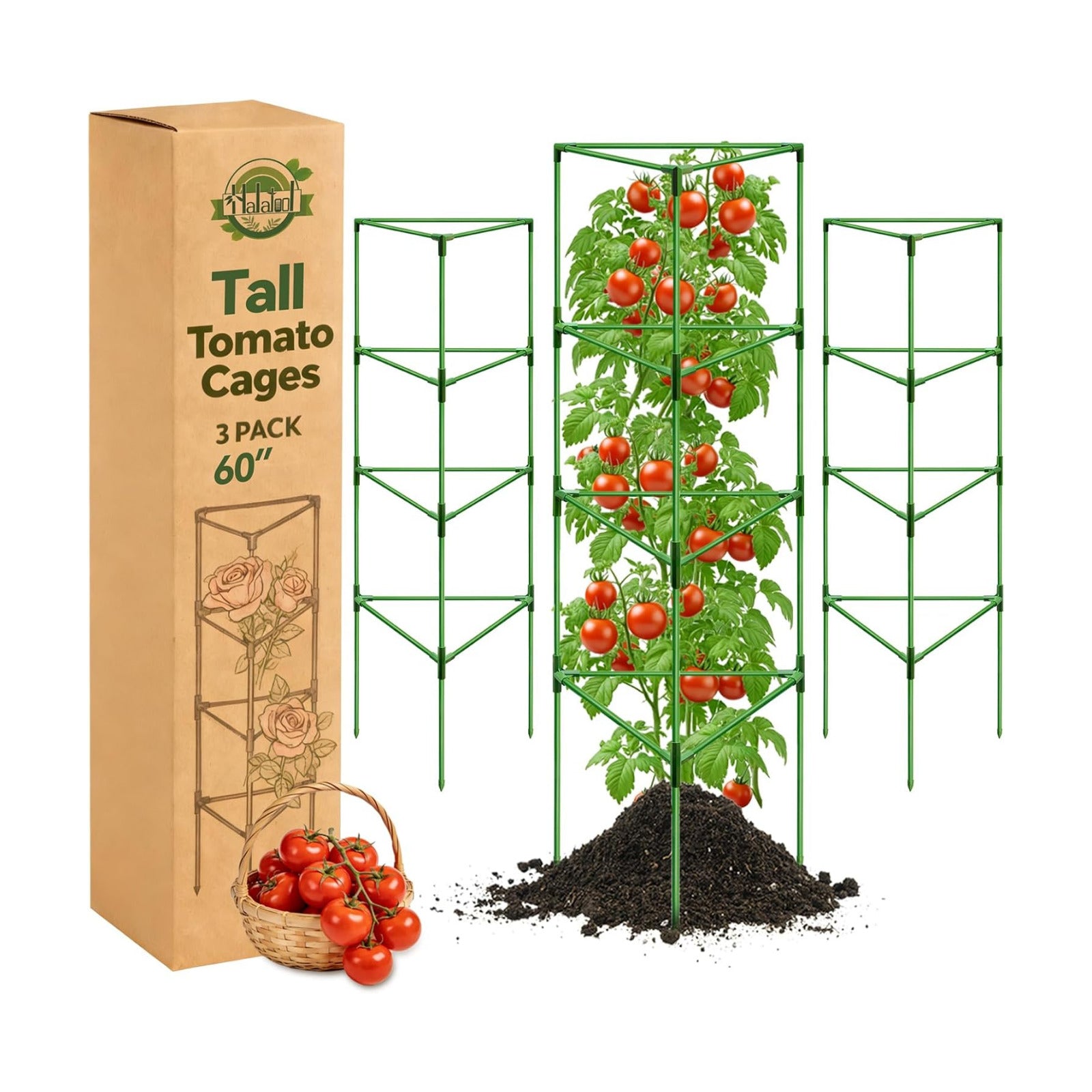 Halatool 3 Pack 60 Inch Adjustable Tomato Cages for Graden | Heavy Duty, Metal Tall Collapsible Tomato Trellis Plant