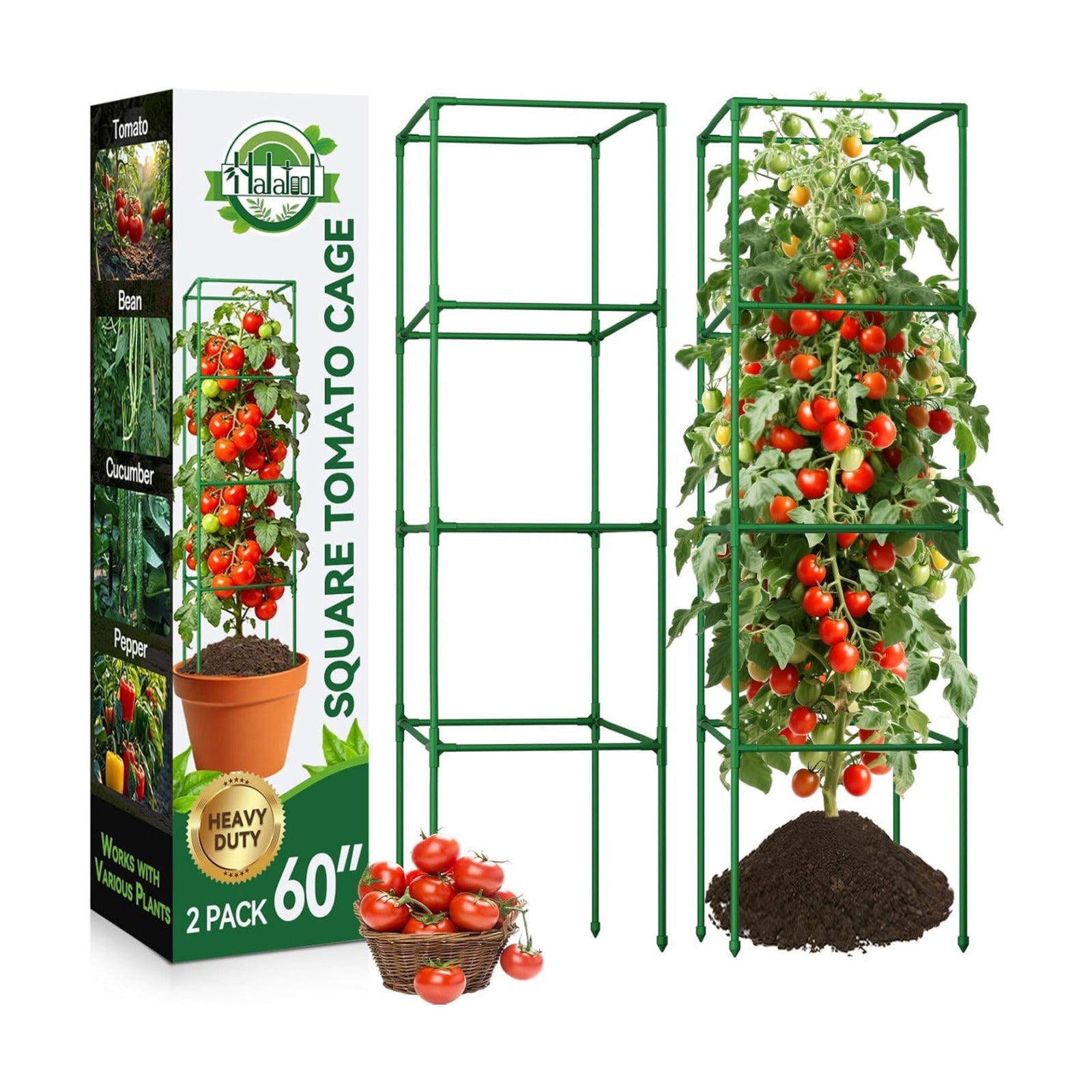 2 Pack 60" Tomato Cages for Garden, Heavy Duty Adjustable Plant Support | For Climbing Plants and Vegetables