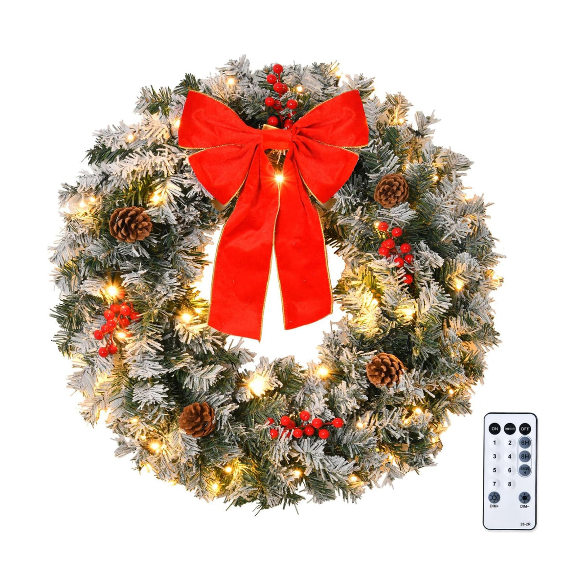 VINGLI 36" Prelit Christmas Wreath, Plug-in Artificial Wreath with 100 LED Lights & 300 Tips for Indoor Door/Window