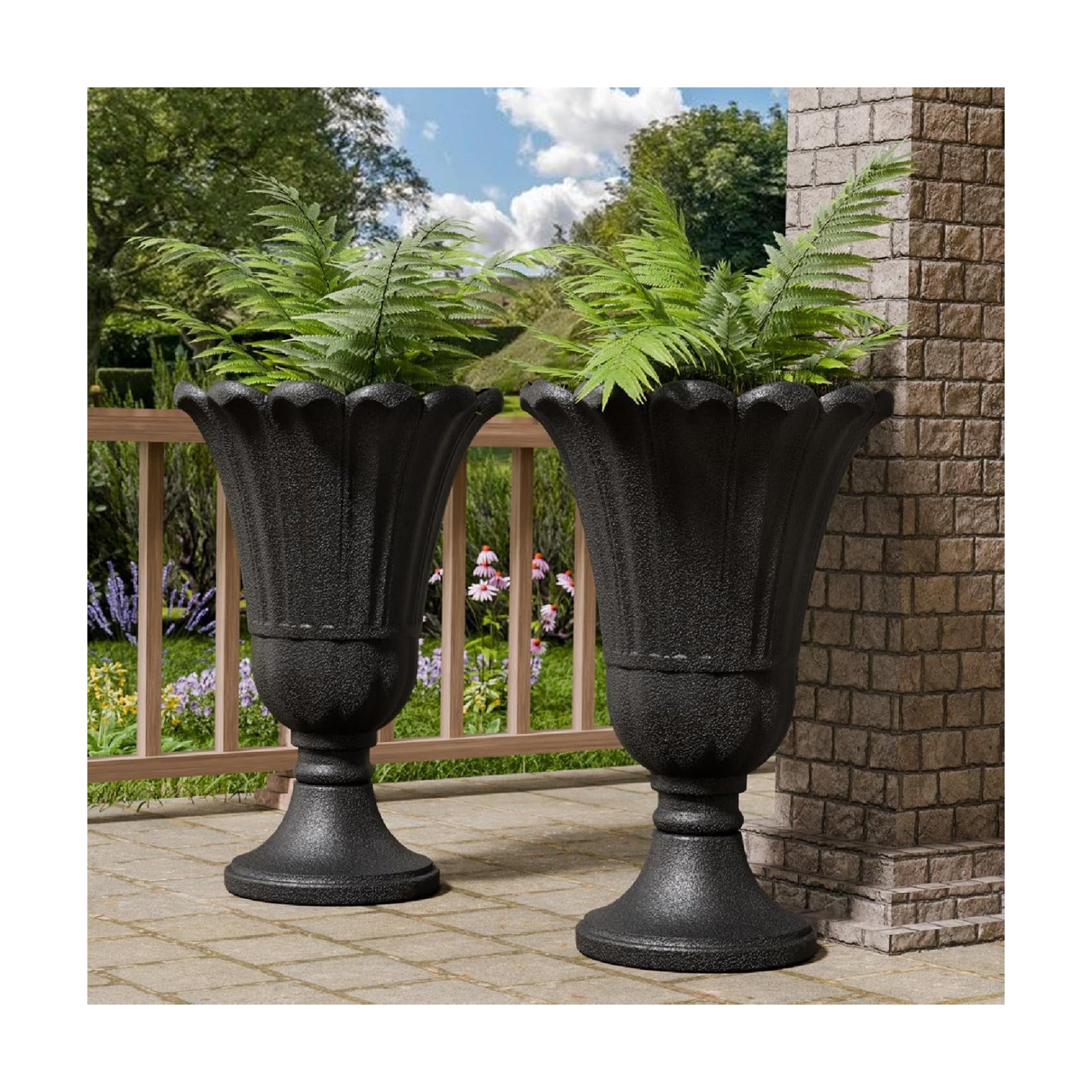 Tall Plastic Urn Planters and Pedestal - 24" Outdoor Planter Black | Weather-Resistant Plastics HDPE Material with