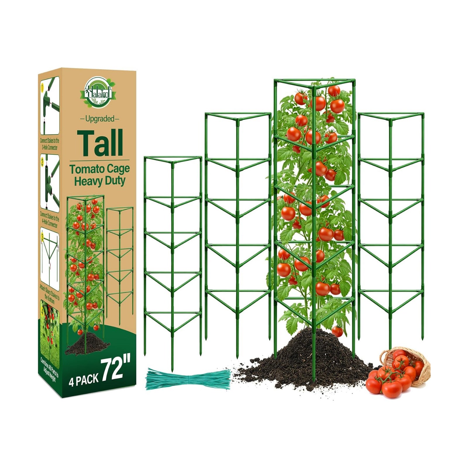 Halatool 72" Tomato Cages Heavy Duty, 4Pack Tomato Plant Support for Garden | Adjustable Metal Trellis for Pots &
