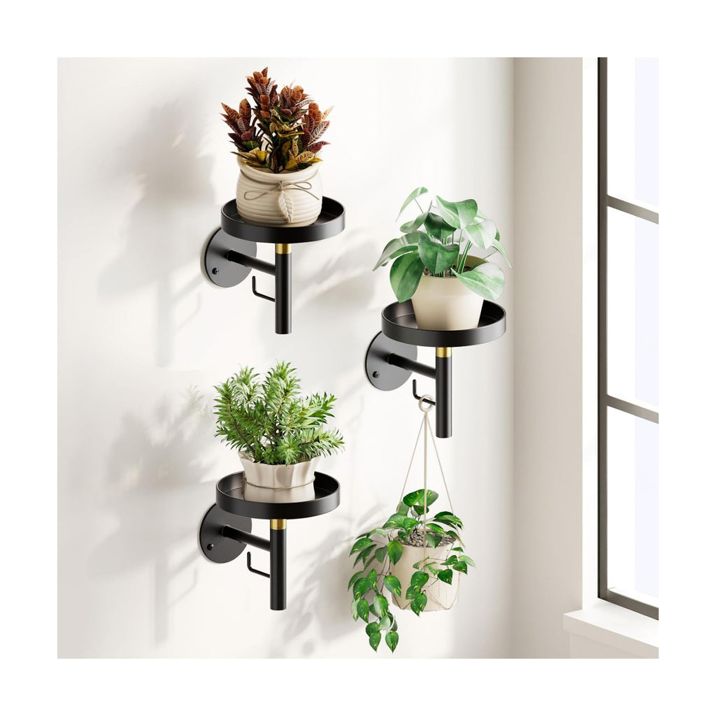 DELLAN Wall Plant Holder, 3 Pack Metal Stand, BlackGold | Hanging Shelves, Indoor Plants, Window Sill Decor, Multi-Room
