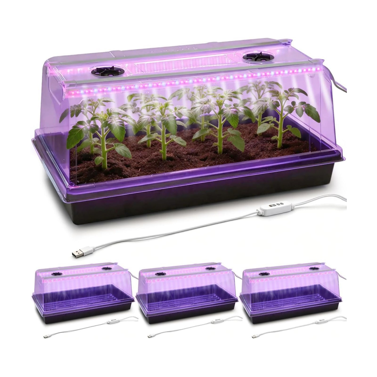 4-Pack 1020 Seed Starter Tray with Grow Light & 6.3" Tall Humidity Dome | Large Heavy Duty Plant Germination Kit for