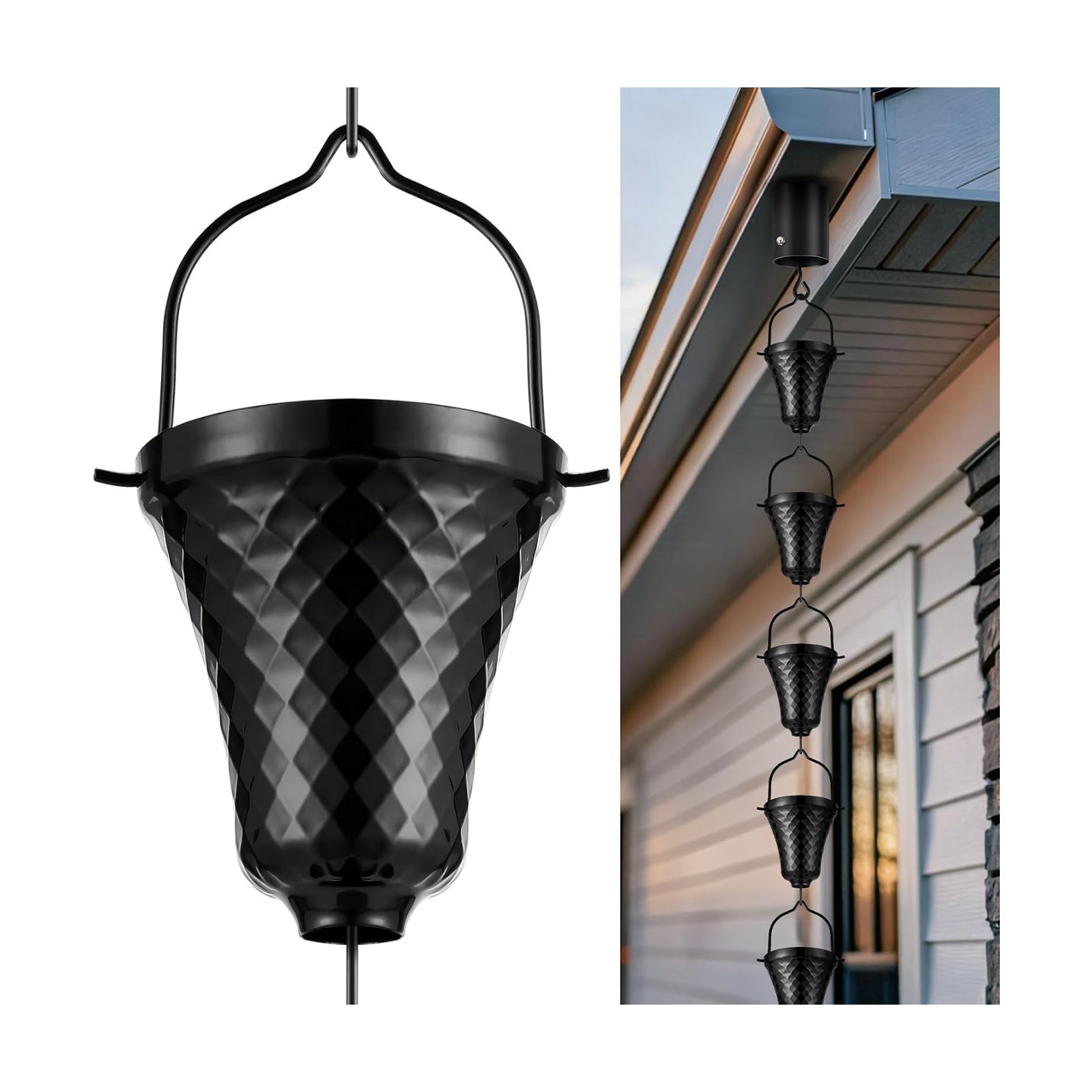 8.5 FT Black Rain Chain with 16 Cups for Gutters Downspouts Outside | Large Opening to Avoid Splashing, Instruction for