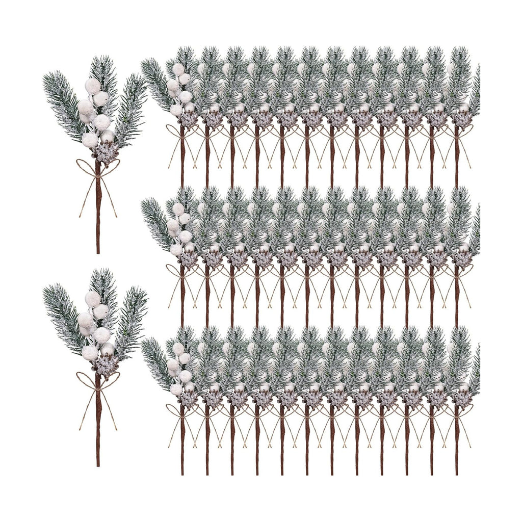40 Pcs Artificial Christmas Floral Picks White Fake Berry Picks Stems Pine Branches with Pinecones Holly Leaves for Vase Floral Arrangement Wreath Winter Holiday Season Decor Crafts