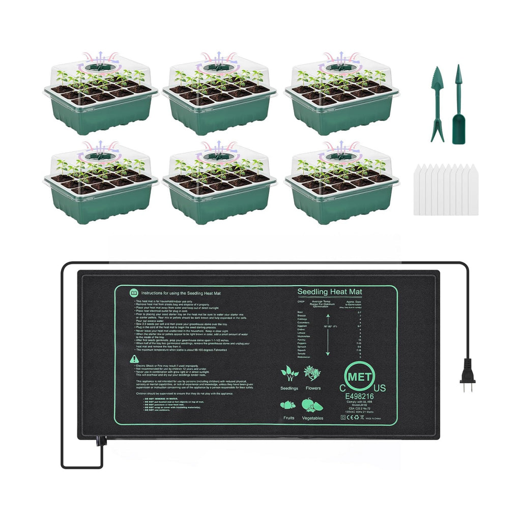 Sckee 6 Pack Seed Starter Tray with 10"x20.75" Seedling Heat Mat, Seed Starter Kit with Humidity Dome, Seed Starting