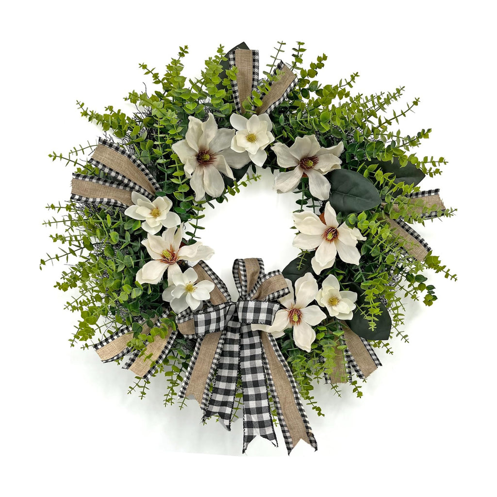 24 Inch Artificial Magnolia Wreath for Front Door – Farmhouse Boxwood Greenery Wreath with Buffalo Plaid Bow, Year-Round Rustic Home Wall Decor for Porch, Entryway, Living Room