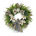 24 Inch Artificial Magnolia Wreath for Front Door – Farmhouse Boxwood Greenery Wreath with Buffalo Plaid Bow, Year-Round Rustic Home Wall Decor for Porch, Entryway, Living Room