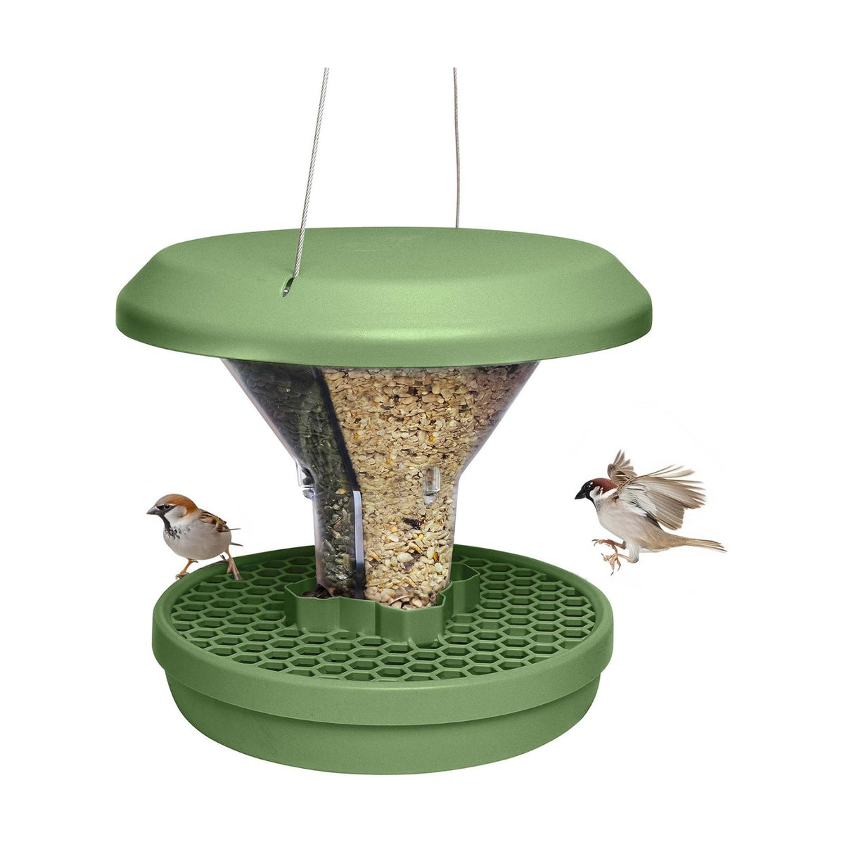 SWISSINNO Bird Feeders - No Mess Hanging Bird Feeder for Outdoors - Smart Birds Davos Spill Proof Wild Cardinal & Small Bird Feeder with Integrated Seed Catcher Tray - Dual Chamber - Sage