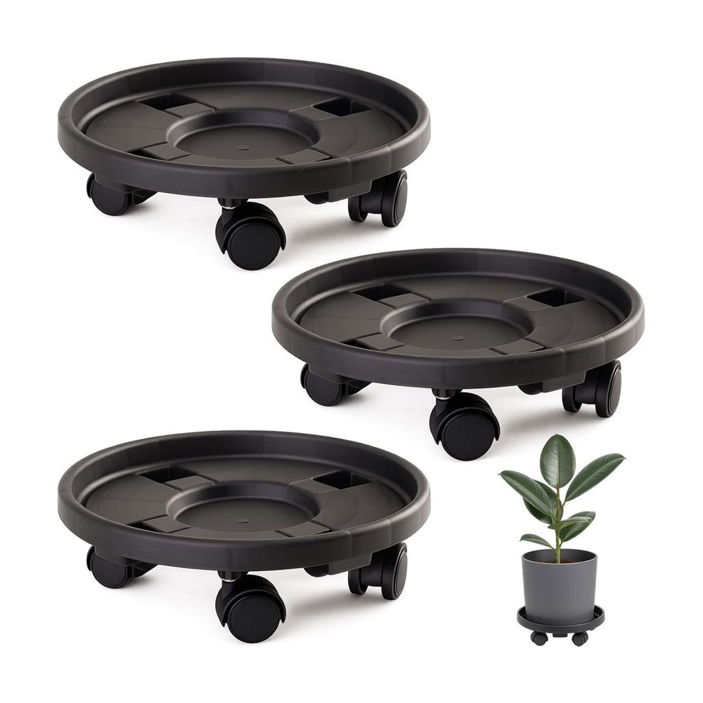 Rolling Plant Stand Outdoor 3 Pack 14 Inch Plant Caddy with Wheels, Black | Durable plant platform, smooth mobility for
