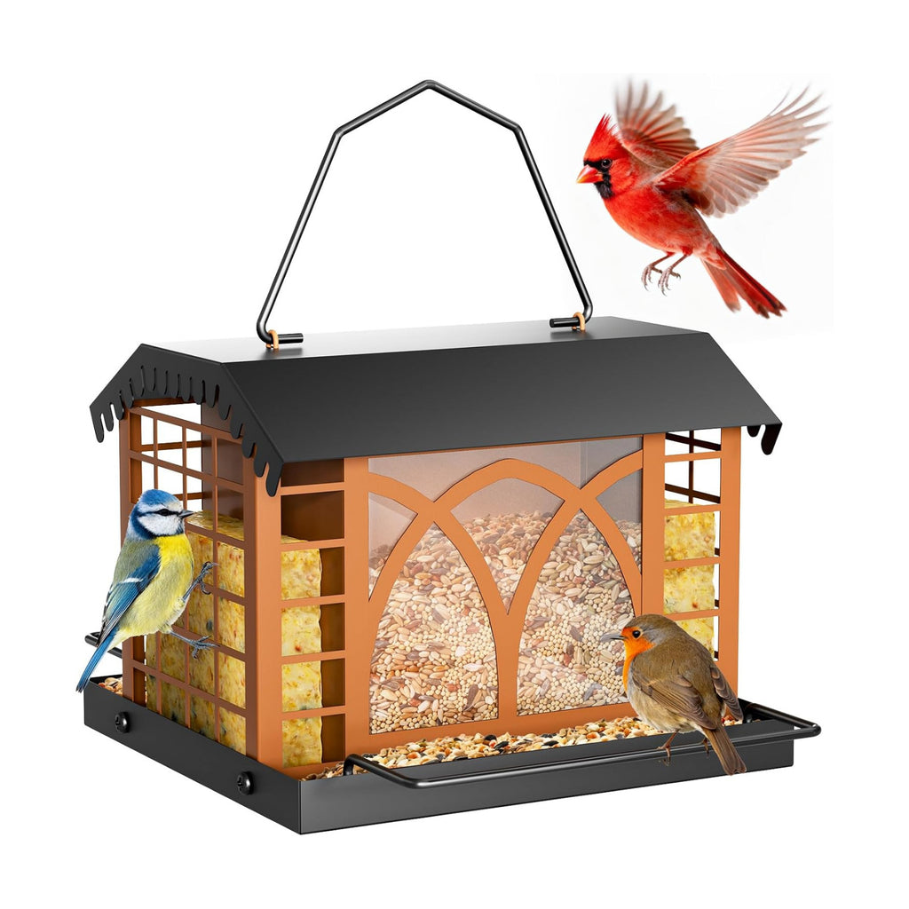 Bird Feeders for Outdoors Hanging, Metal Bird Feeder with Double Suet Cage Weatherproof Metal Roof, 3.5Lbs Large Capacity Great for Attracting Finch Cardinal Chickadee Wild Birds, Pinecone Brown