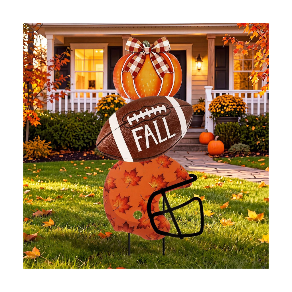 3 Pcs Fall Football Pumpkin Metal Yard Stake Pumpkin Decoration