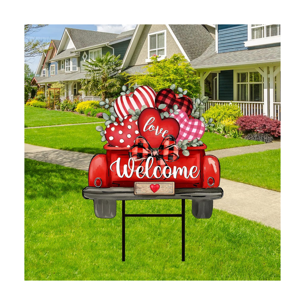 JarThenaAMCS Valentine' s Day Metal Garden Stake Welcome Yard Sign Red Love Heart Truck Decorative Lawn Sign for Wedding Anniversary Home Outside Lawn Porch Walkway Decor