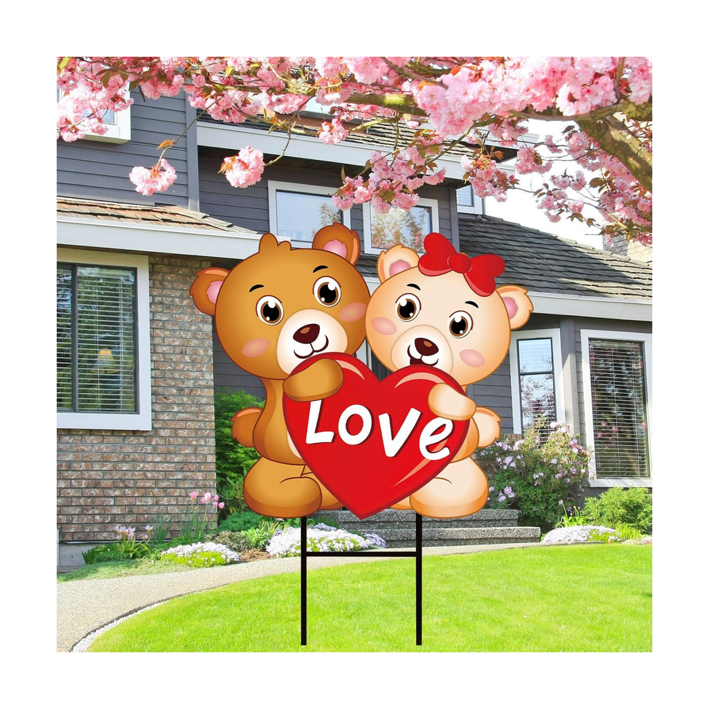 JarThenaAMCS Valentine' s Day Metal Garden Stake Welcome Yard Sign Bear Couple with Love Heart Decorative Lawn Sign for Wedding Anniversary Home Outside Lawn Porch Walkway Decor