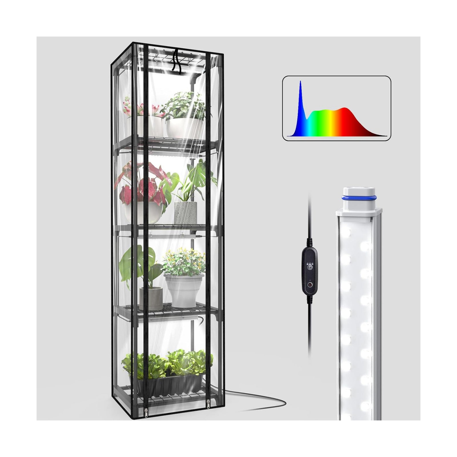 Indoor Greenhouse with Grow Lights, 11.8x15.7x59 | 5000K Full Spectrum, Mini Cabinet, 4 Pack Grow Lights (36W), Auto