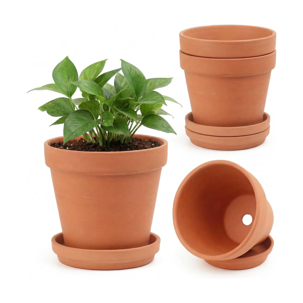 Riseuvo 6 Inch Terracotta Pots with Saucers – 4 Pack Medium Clay Flower Pots with Drainage Hole，Clay Pot for