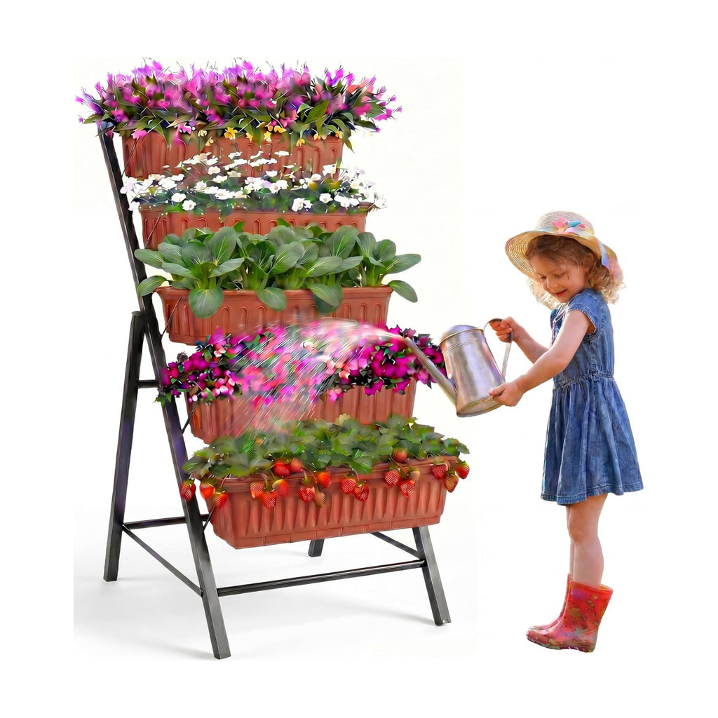 TEANDE Vertical Raised Garden Bed, 5-Tier Elevated Planter Box w/Drainage System & 4 Hooks for Herbs Vegetables