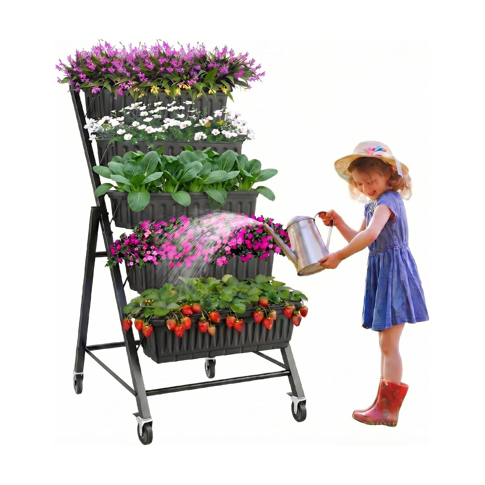 TEANDE Vertical Raised Garden Bed with Lockable Wheels, 5-Tier Elevated Planter Box w/Drainage System & 4 Hooks for