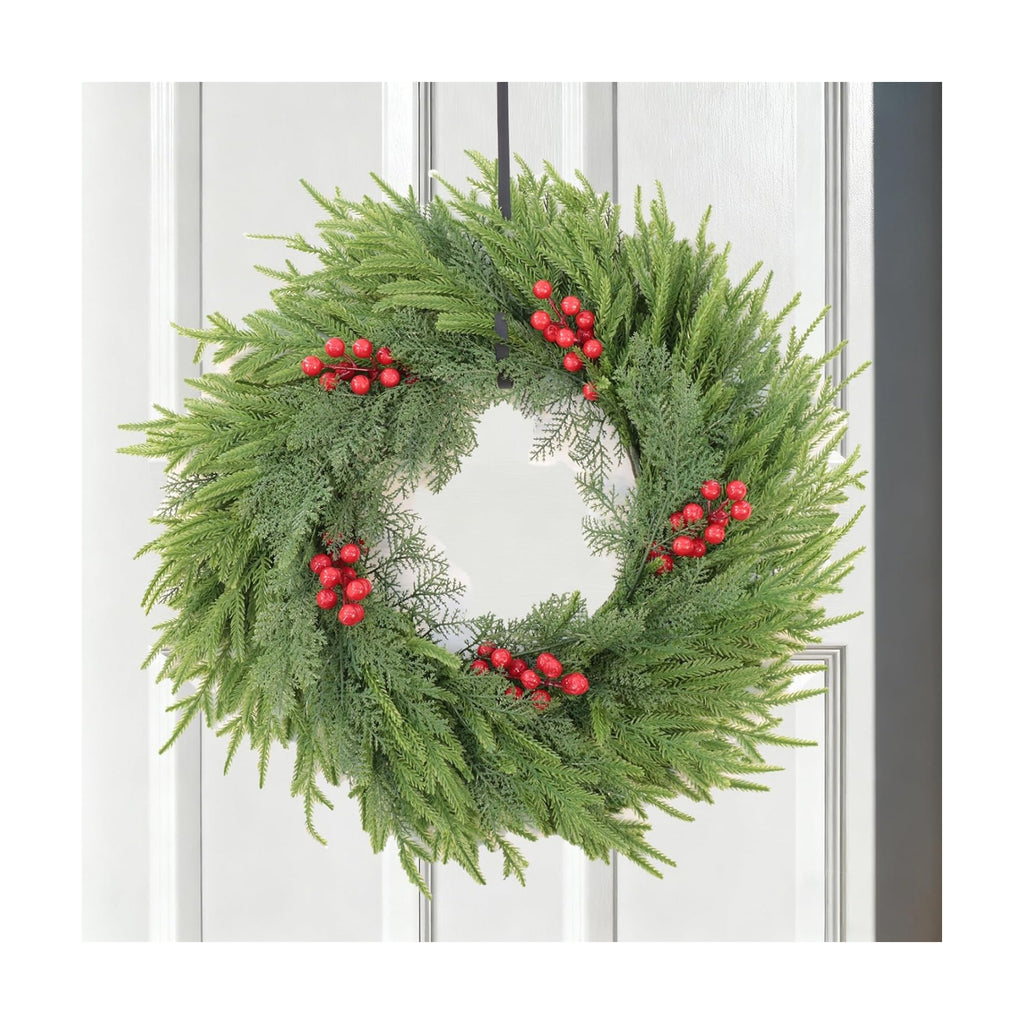Christmas Wreath, 24" Wreath for Front Door with Hanger, Artificial Pine Wreath with Berries, Farmhouse Christmas Decorations for Indoor Outdoor