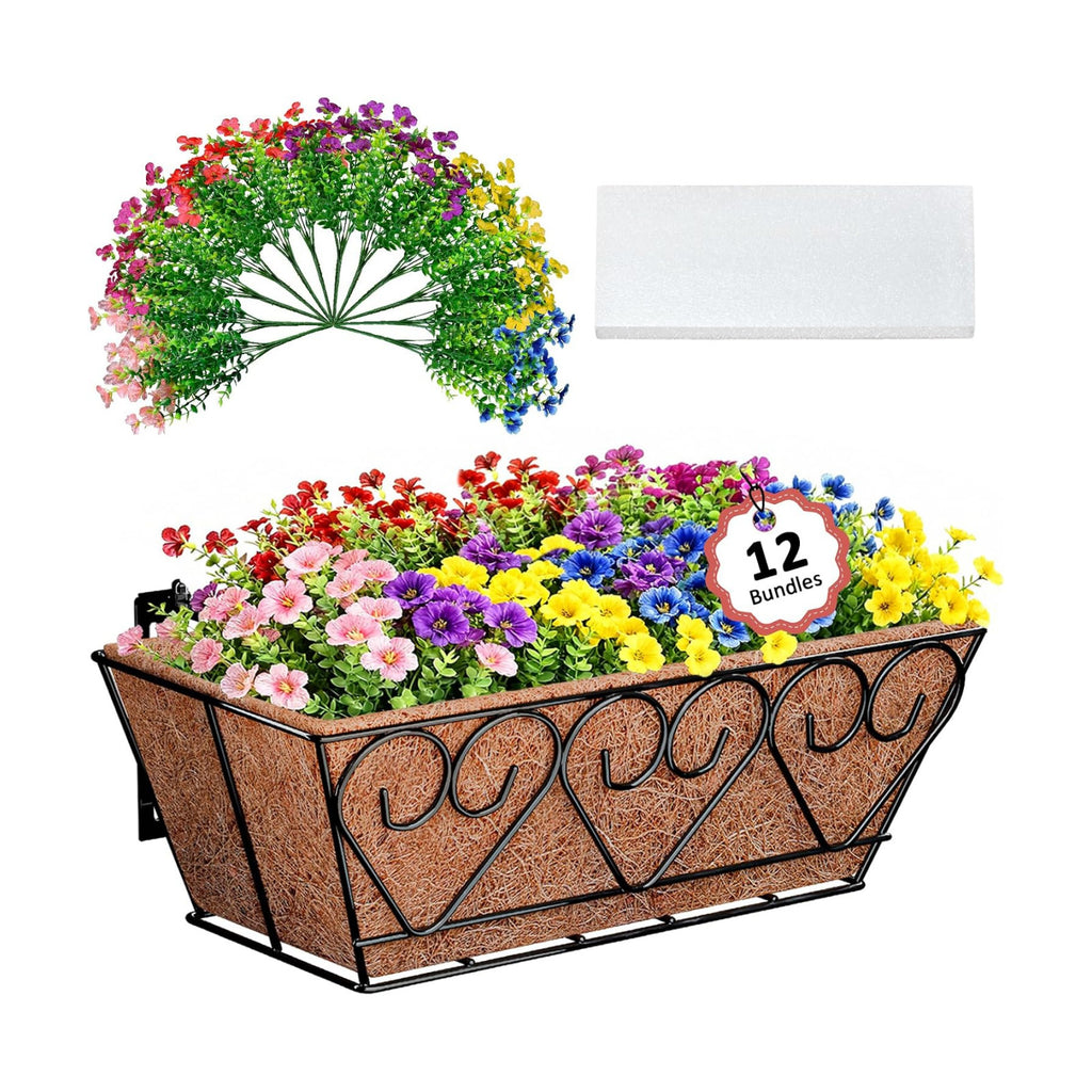 Halatool Railing Planter Box with Artificial Flowers, All Season Home Decor | 16 Inch Metal Window Box with Coco