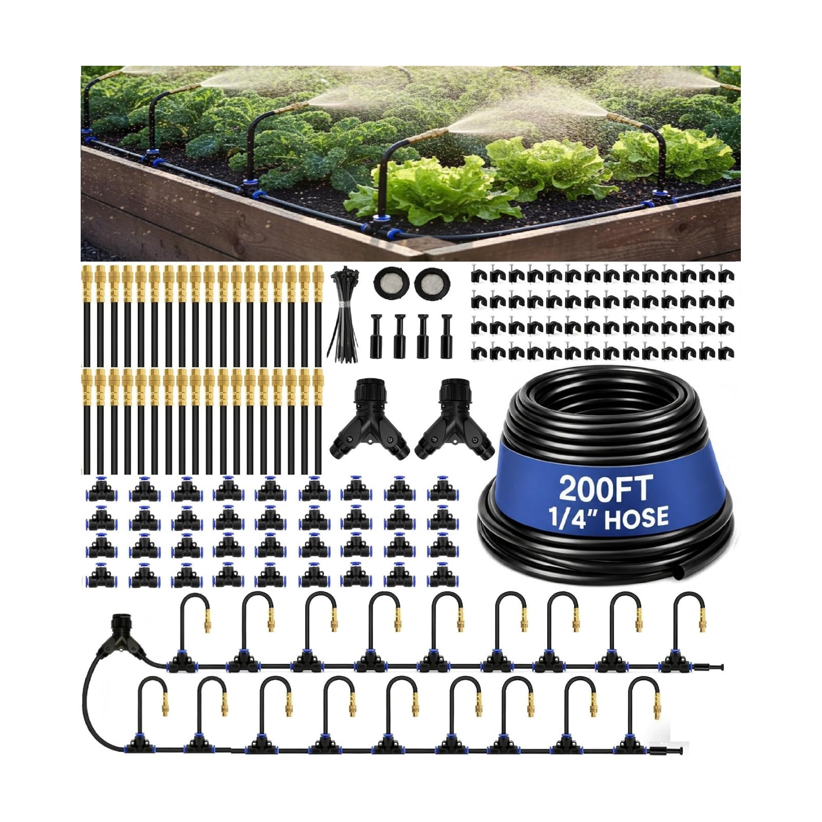 Drip Irrigation System 200FT 1/4", 36 Adjustable Copper Nozzles | 36 adjustable copper nozzles with 360° bendable rods