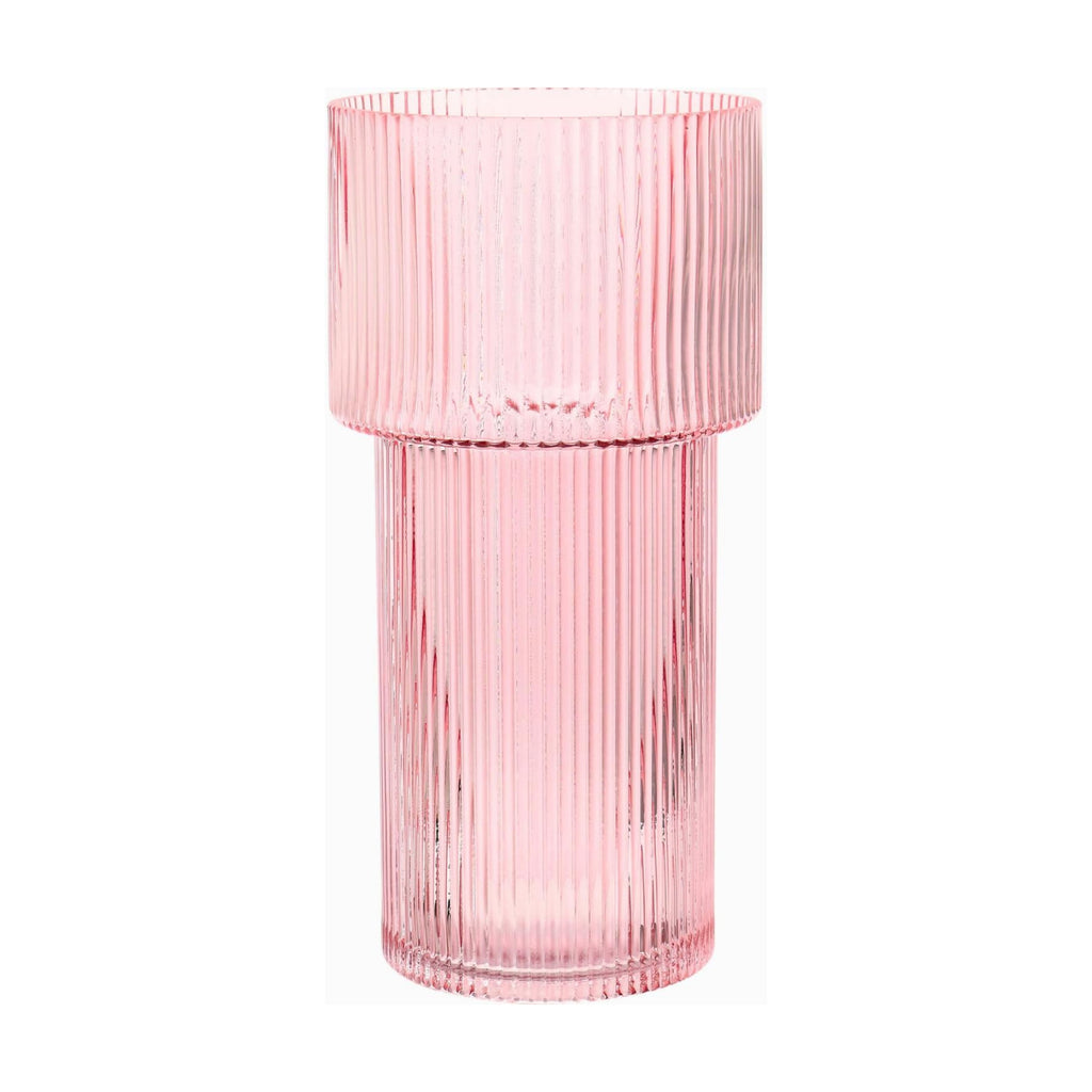 Large Pink Glass Vase, 12 Inches Tall Fluted Vase for Flowers, Modern Torch-Shaped Flower Vase with Ribbed Texture for Living Room, Dining Table, Office, Entryway, Mantle, Shelf, Wedding Gifts