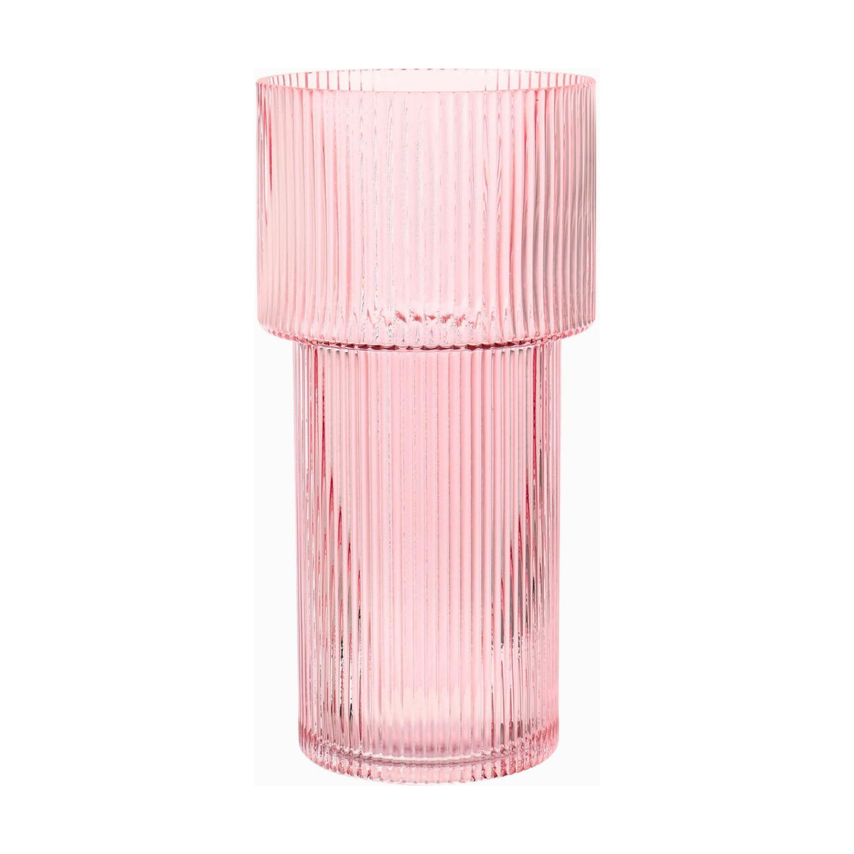 Large Pink Glass Vase, 12 Inches Tall Fluted Vase for Flowers, Modern Torch-Shaped Flower Vase with Ribbed Texture for Living Room, Dining Table, Office, Entryway, Mantle, Shelf, Wedding Gifts