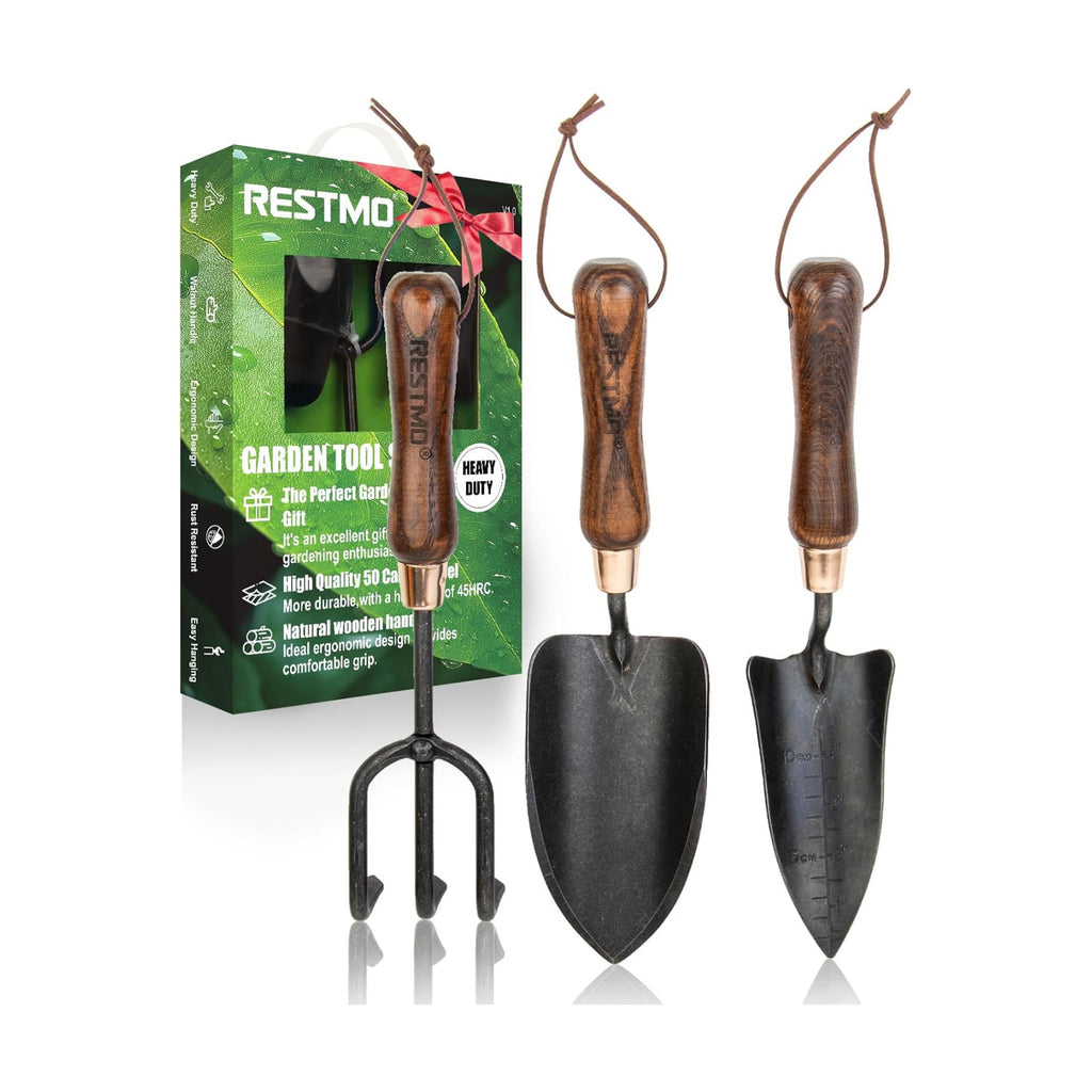 RESTMO Gardening Tools Set, 3-in-1, Carbon Steel, Wooden Handle, Brown | Heavy duty gardening tools kit. Includes