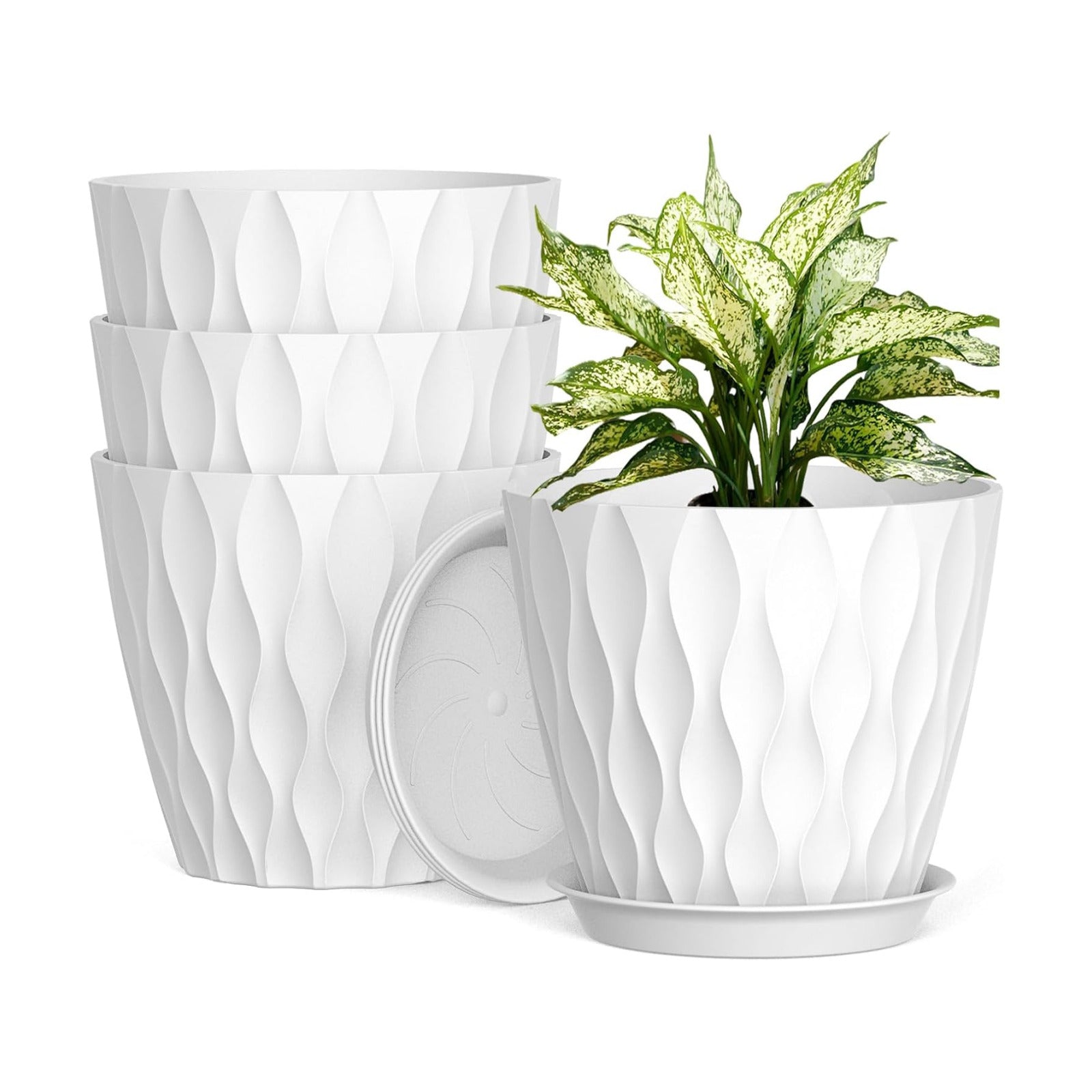 UOUZ 8 Inch Plant Pots, 4 Pack Plastic Planters for Indoor Outdoor with Drainage Holes & Saucers, Waffle Texture Flower