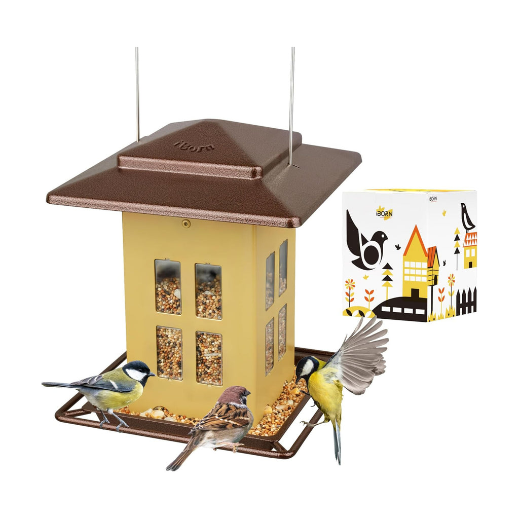 iBorn Bird Feeders for Outdoors, Metal Bird Feeder, Wild Bird Feeders for Cardinal, 2.3LBS Capacity,18cm Large Roof, Lantern Style, Black (Muted Yellow)