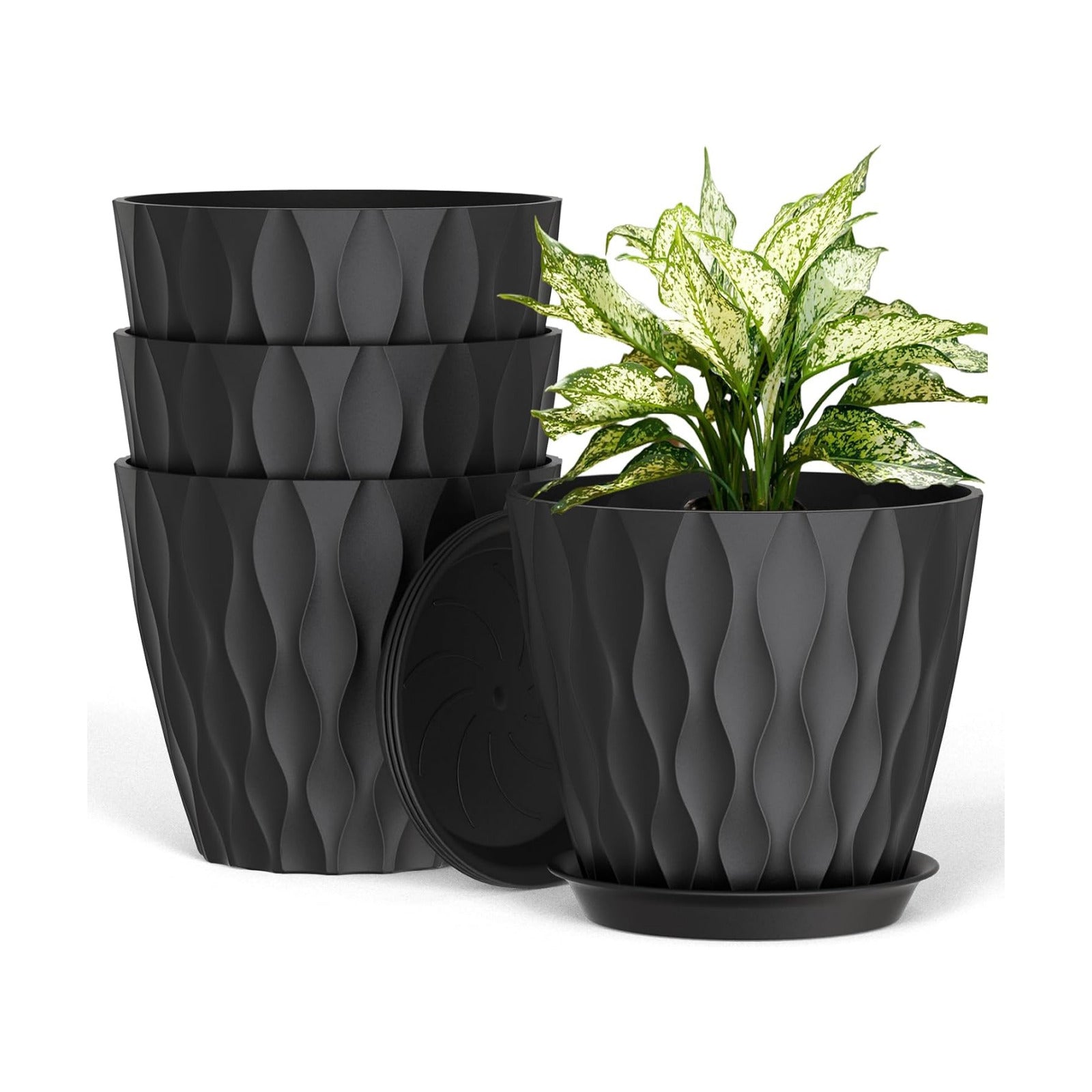 UOUZ 8 Inch Plant Pots, 4 Pack Plastic Planters for Indoor Outdoor with Drainage Holes & Saucers, Waffle Texture Flower