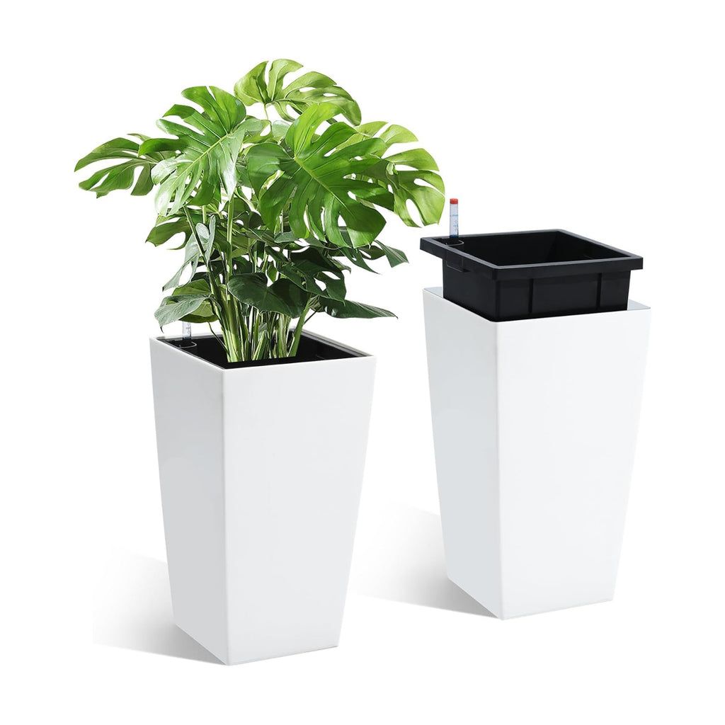 Garvee 16" Tall Planters Set of 2, Outdoor＆Indoor Planter Pots, White | High Front Porch Planter Pots with Drainage