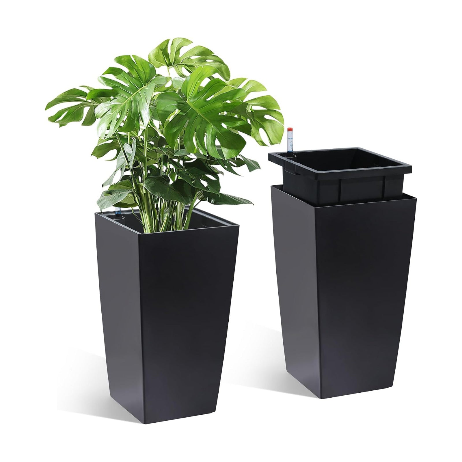 Garvee 16" Tall Planters Set of 2, Outdoor＆Indoor Planter Pots, Black | High Front Porch Planter Pots with Drainage