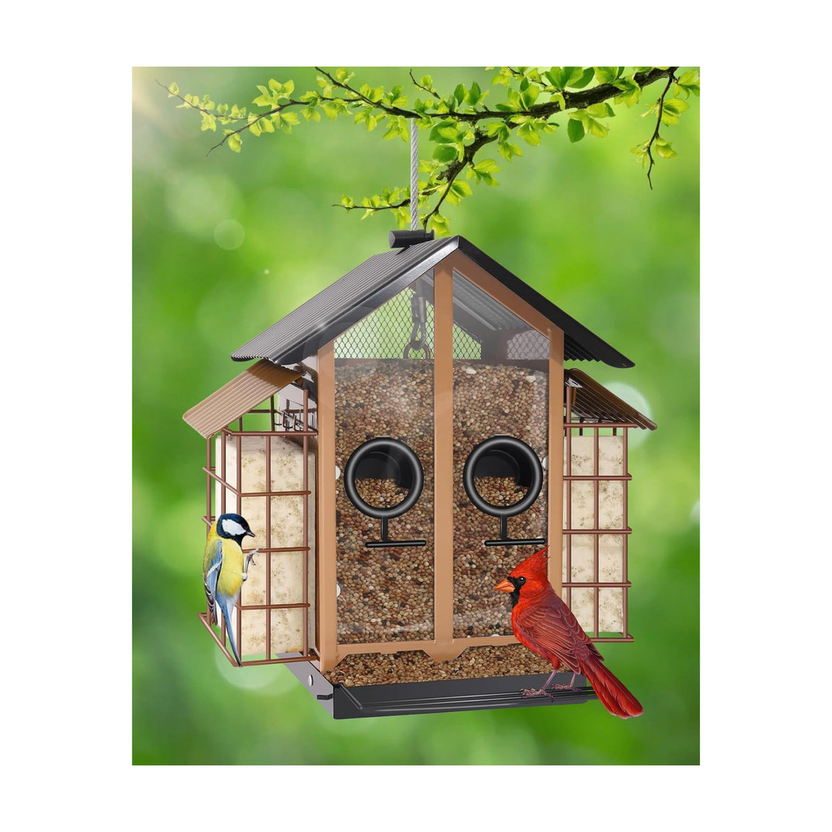 Weatherproof Bird Feeders for Outdoors - 4Lbs Large Metal Suet Feeder for Cardinal Finch, Garden Decor (Khaki)