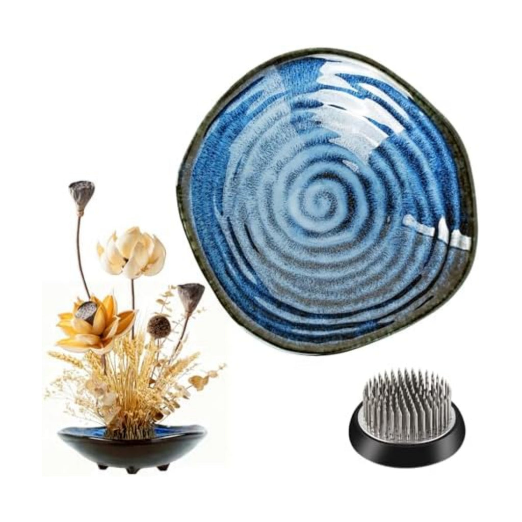 Ikebana Vase Kit - Flower Frog Bowl Set, Japanese Inspired Ceramic Vase with Metal Floral Frog, Flower Stem Holder Bowl Flower Arrangement Decoration (Blue-Small)