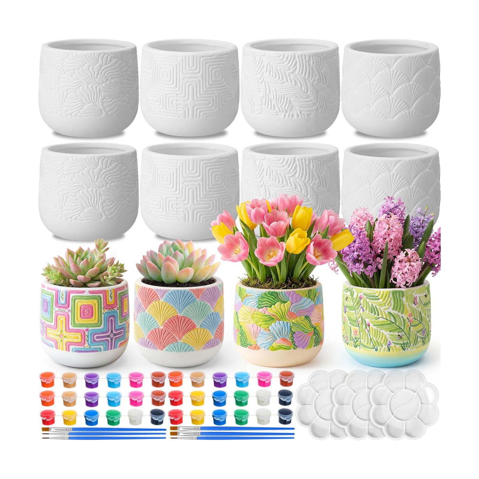 Zubebe 12 Pcs Paint Your Own Ceramic Pots Bulk Unfinished Succulent Pots Craft Kit with Drainage Hole Mini Paintable
