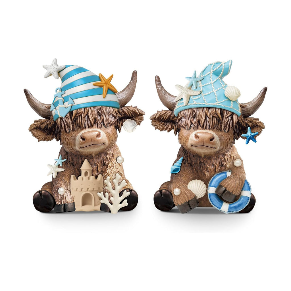 Karenhi 2 Pcs Beach Highland Cow Figurines, Ocean Resin Statues