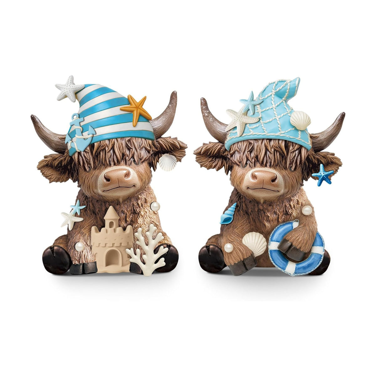 Karenhi 2 Pcs Beach Highland Cow Figurines, Ocean Resin Statues