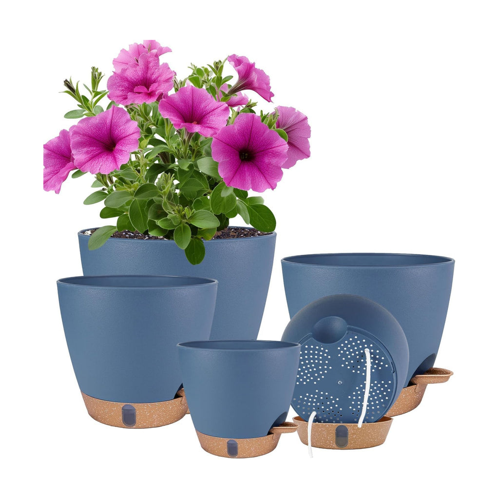 Self Watering Pots for Inoor Ourdoor Plants 8/7/6.5/6/5" Plastic Planters | Drainage Holes & Water Level Indicator