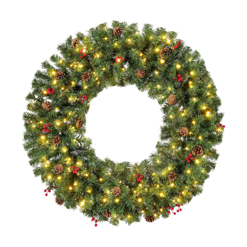 Best Choice Products 36in Pre-Lit Christmas Wreath w/Berries & Pinecones, Large Artificial Indoor/Outdoor Decor for Door, Mantel, Plug-in
