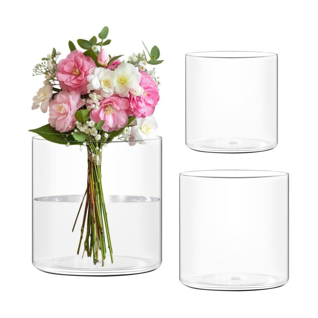 Acrylic Flower Vase Cylinder, 3 Packs Clear Plastic Vase for Centerpieces - Shatterproof Wedding, Event & Home Decor Vase,3.94", 4.72", 5.9" Short Round - 3 Pcs Clear