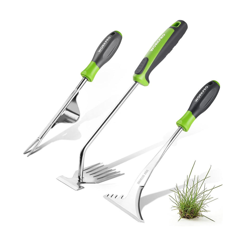 WORKPRO 3-Piece Weed Puller Tool Set | 15" 6-Tine Weed Remover, 12" Hand Weeder, 12.5" Crack Weeder, Stainless Steel