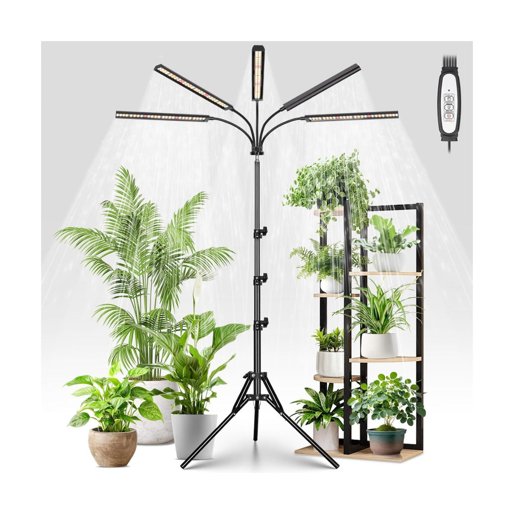 FOXGARDEN Grow Lights for Indoor Plants 5-Head Full Spectrum with Tripod Stand, Timer, Dimmable Flexible Goosenecks for