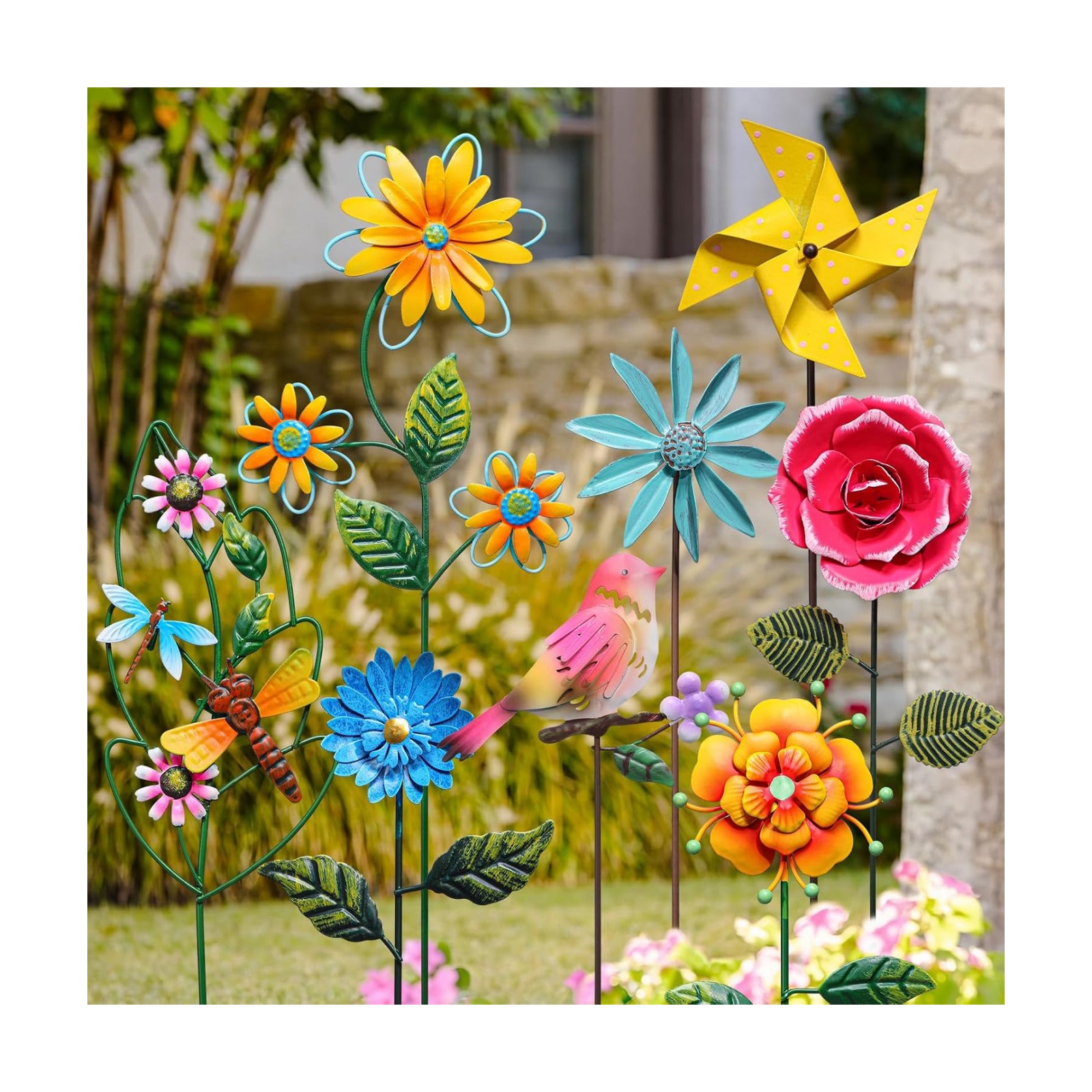 8 Pcs Metal Flower Yard Art for Outside Outdoor 14" 5d Summer Wildflowers Metal Sign Waterproof Garden Stakes Bird
