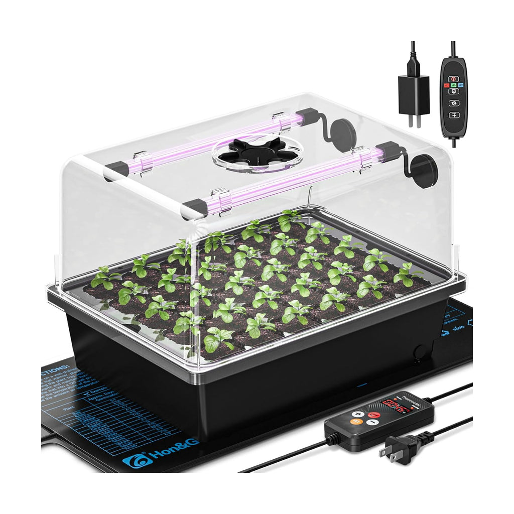 Hon&Guan 30-Cell Seed Starting Kit with Heat Mat and LED Grow Lights | 30-cell PP seedling tray, 5.3" dome with vents