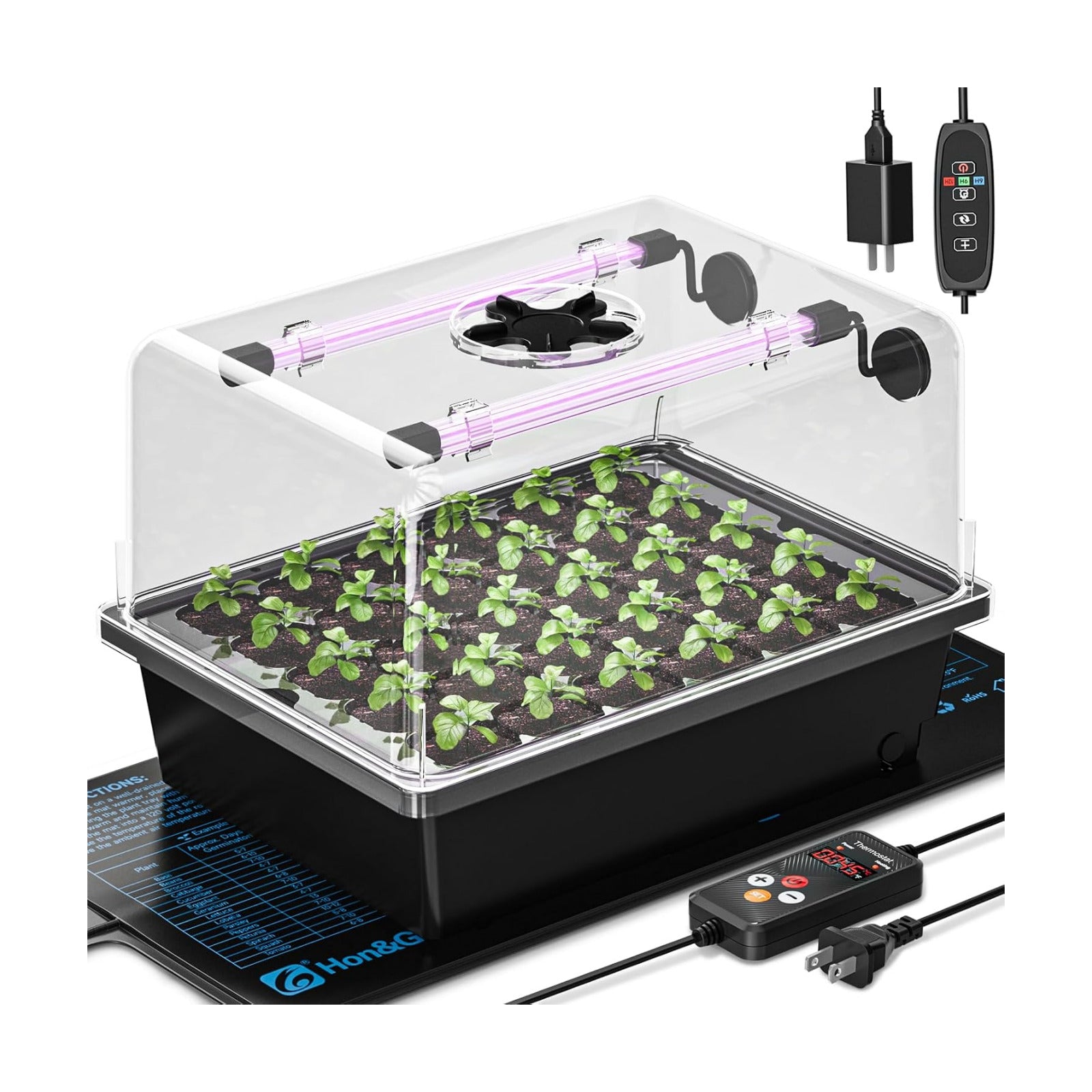 Hon&Guan 30-Cell Seed Starting Kit with Heat Mat and LED Grow Lights | 30-cell PP seedling tray, 5.3" dome with vents