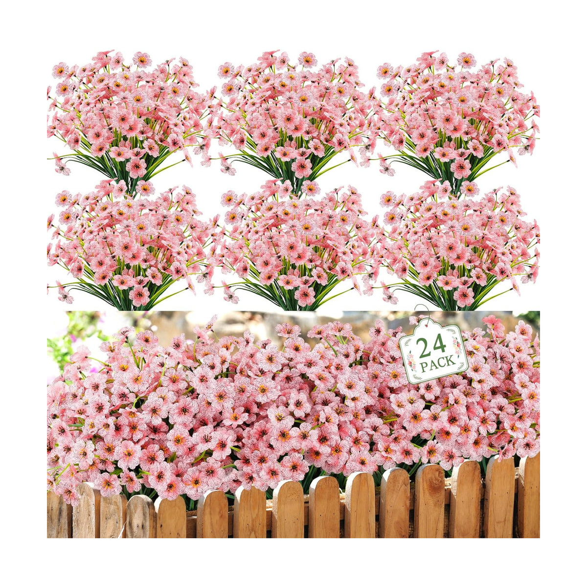 24 Bundles Pink Artificial Flowers for Outdoors, UV Resistant Faux Plants