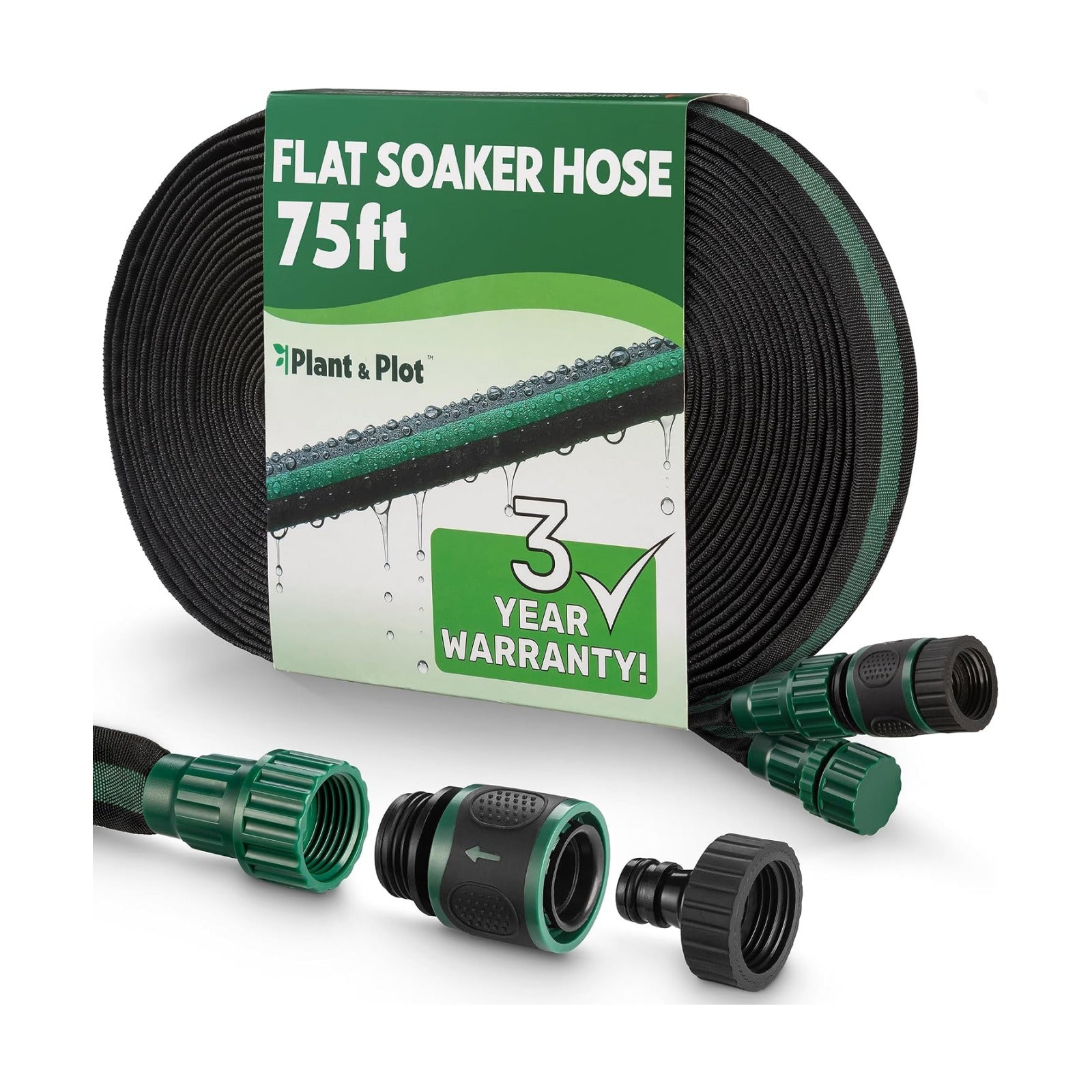 Flat Soaker Hose 75ft for Garden // Drip Hose for Garden Beds // Heavy Duty Leakproof Design with Quick Connect //