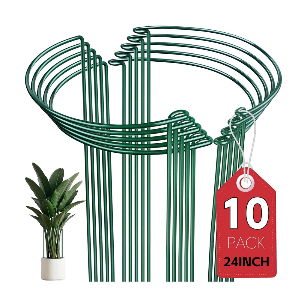 10 Pack Plant Support Stakes, 10" x 24" Peony Cages and Supports | Metal Rustproof Half Round Garden Plant Stakes for